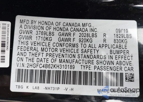 2019 Honda Civic Lx z USA, uszkodzony, nr VIN 2HGFC4B62KH310189